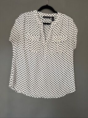 INC International Concepts Black Polka Dot White Short Sleeve Blouse